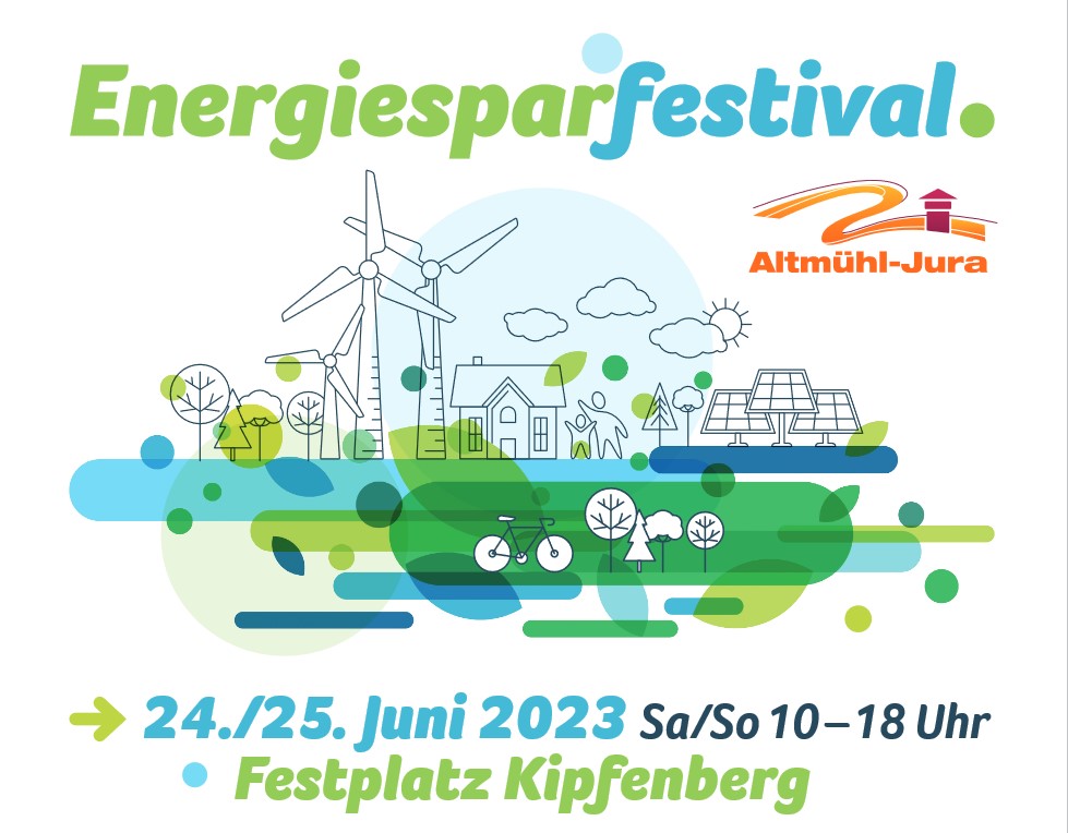 Plakat mit Text: &quot;Energiesparfestival 24./25. Juni 2023 Sa/So 10-18 Uhr, Fesplatz Kinding, Altmühl Jura