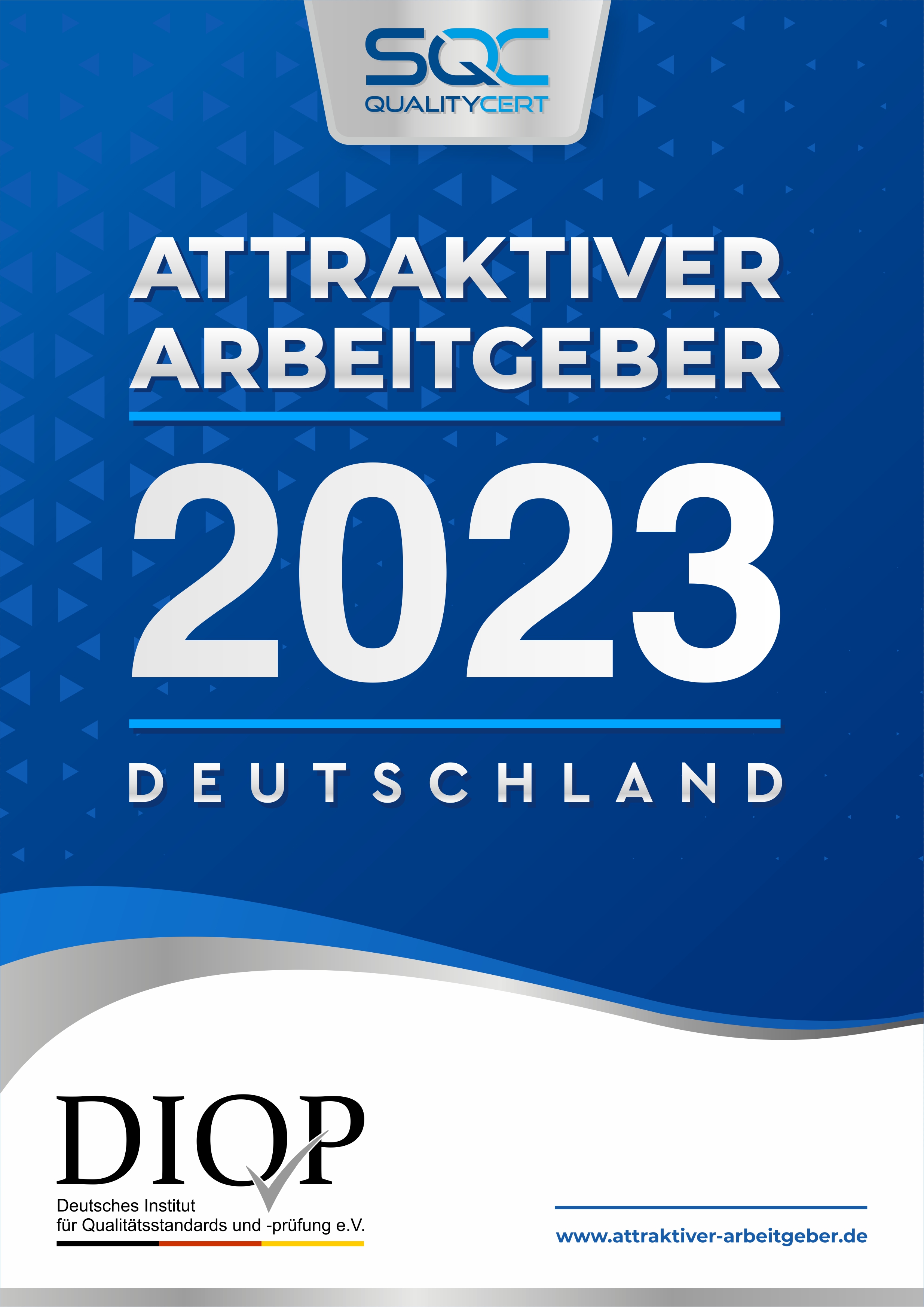 Siegel mit Text: SQC Quality Cert - Attraktiver Arbeitgeber 2023 - DIOP Deutsches Institut für Qualistätsstandards und -prüfung e.V., www.attraktiver-arbeitgeber.de 